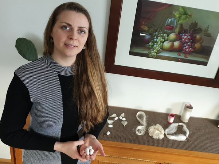 Signý Gunnarsdóttir, silkibóndi í Grundarfirði, með silkiormaegg. Silkiþræðir á borðinu.