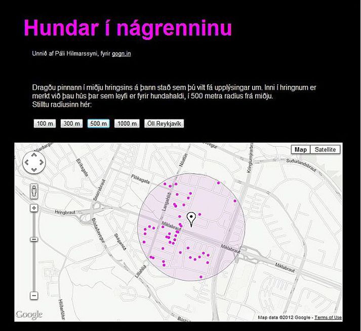 nágrenni fréttablaðsins Á heimasíðunni gogn.in geta lesendur séð hve margir hundar eru skráðir í nágrenni þeirra. Hér sést að í 500 m radíus frá Fréttablaðinu eru þeir 43. Sjái lesendur ekki merki um hund sem þeir vita af er hann ekki skráður.