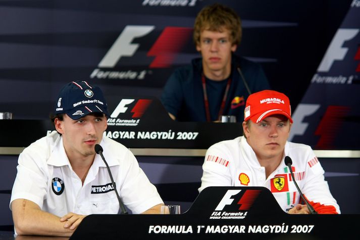 Tíu ára gömul mynd af Kubica, og Raikkonen með Vettel í bakgrunn. Vettel var þá að stíga sín fyrstu skref.