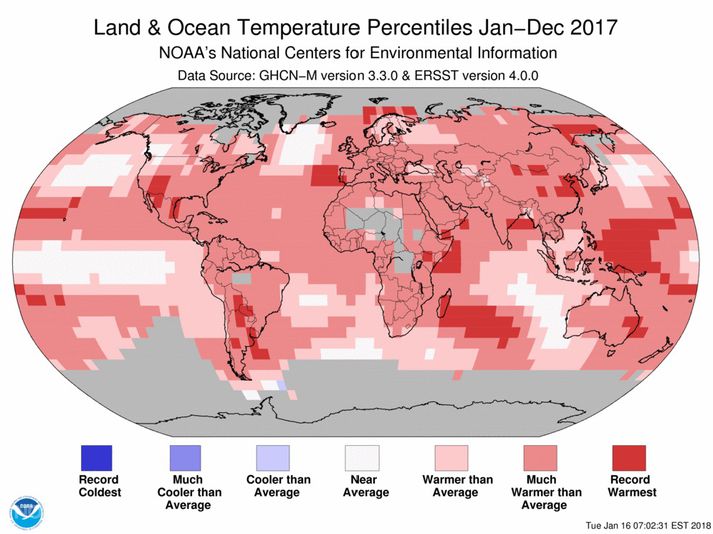 Kort NOAA sem sýnir frávik frá meðaltalshita 20. aldar á jörðinni árið 2017.