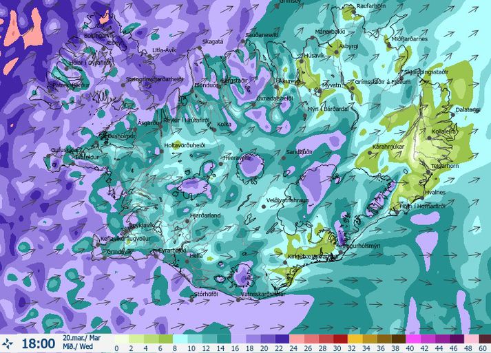 Vindaspá Veðurstofu Íslands klukkan 18 í dag er ekki beint árennileg fyrir Vestfirði og Norðvesturland.