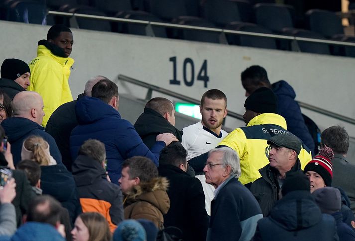 Eric Dier í stúkunni eftir leik Tottenham og Norwich í ensku bikarkeppninni. Hann hefur fengið fjögurra leikja bann fyrir uppátækið.