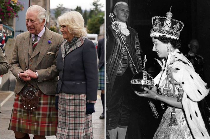 Karl III og Kamilla í Skotlandi í dag (t.v.) og Elísabet II við eigin krýningarathöfn árið 1953.
