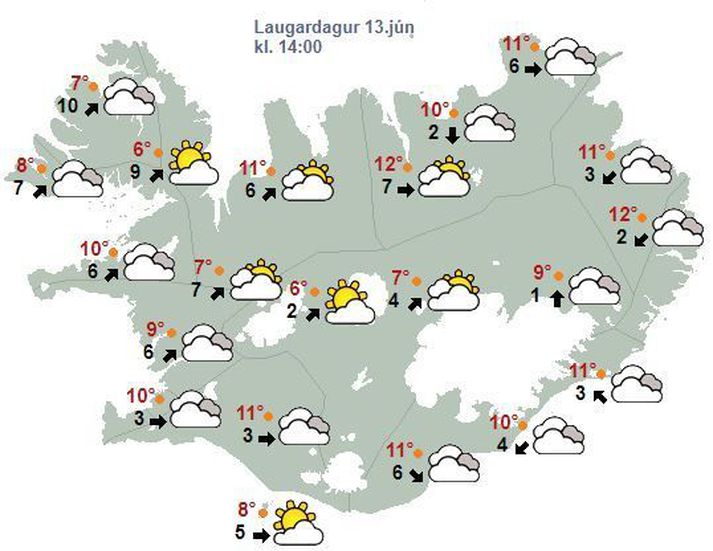 Spákort fyrir landið klukkan 14, eins og það leit út í morgun.