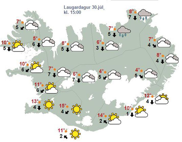 Spákort Veðurstofu Íslands fyrir laugardag.