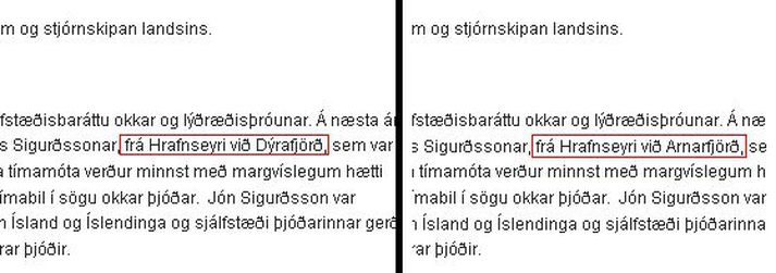 Textinn vinstra megin er skjáskot af ræðu Jóhönnu eins og birtist í morgun á vef forsætisráðuneytsins og til hægri er skjáskot tekið klukkan hálf þrjú.