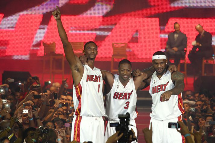 LeBron James, Dwyane Wade og Chris Bosh á "sigurhátíðinni“ sinni í júlí 2010.