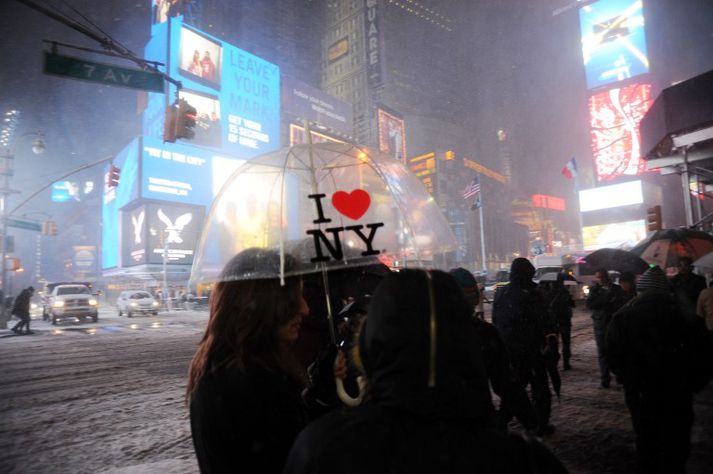 Times Square í New York í morgun.