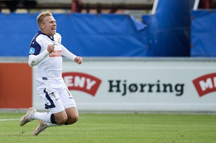 Jón Dagur Þorsteinsson fagnar marki sínu fyrir Vendsyssel í sigri á stórliði
FC København í dönsku úrvalsdeildinni um síðustu helgi.