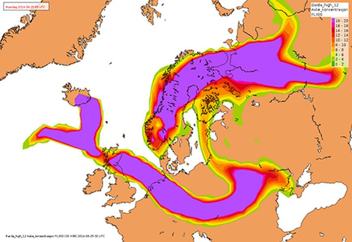 Spá norska veðurfræðingsins sem gerir ráð fyrir öflugu eldgosi.