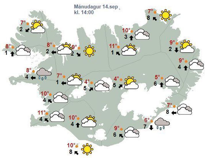 Spákort Veðurstofunnar fyrir klukkan 14 eins og það leit út í morgun.