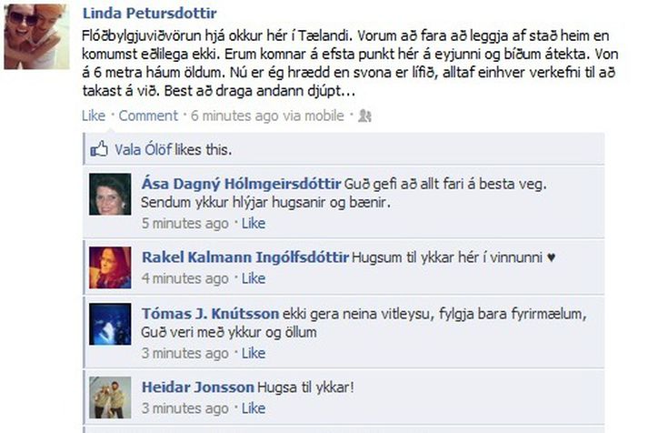 Linda Pétursdóttir lét vita af sér á Facebook fyrir stundu.