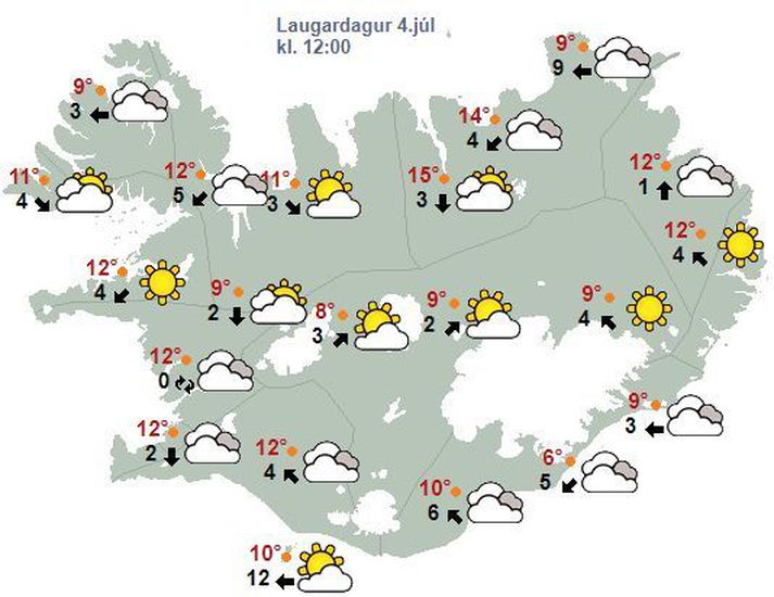 Veðurspáin fyrir allt landið á hádegi í dag.