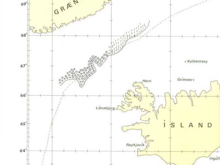 Kort sem TF SYN gerði af ís í kringum landið.