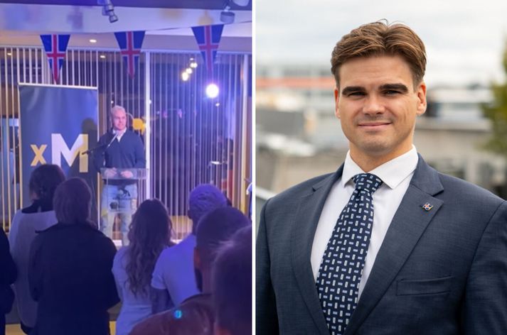 Sverrir Helgason flutti tölu sína við miklar undirtektir á kosningaviðburði Ungra miðflokksmanna fyrir helgi. Anton Sveinn McKee formaður félagsins er til hægri.