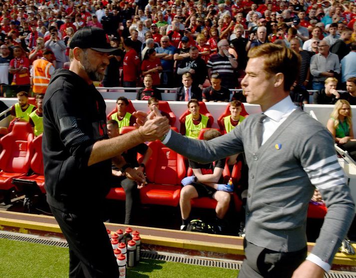 Jürgen Klopp og Scott Parker mættust á Anfield um helgina en það reyndist síðasti leikur Parkers sem knattspyrnustjóri Bournemouth.