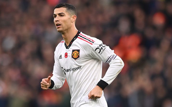 Cristiano Ronaldo í leiknum gegn Aston Villa sem var líklega síðasti leikur hans fyrir Manchester United.