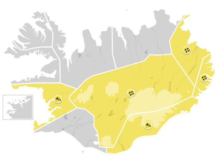 Gul viðvörun vegna veðurs er í gildi á Faxaflóa, Austurlandi að Glettingi, Austfjörðum, Suðausturlandi og Miðhálendinu.