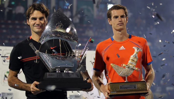 Roger Federer og Andy Murray eftir úrslitaleikinn í dag.