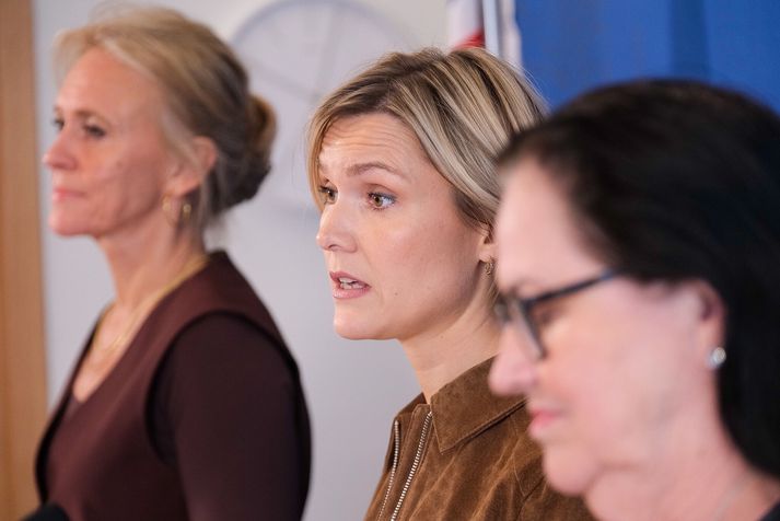 Þorgerður Katrín Gunnarsdóttir, Kristrún Frostadóttir og Inga Sæland kynntu þingmálaskrá ríkisstjórnarinnar fyrir komandi þingvetur í morgun.