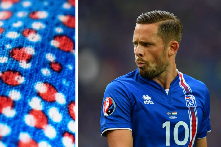 Gylfi Þór Sigurðsson og mögulega nýju litir íslenska landsliðsbúningsins.