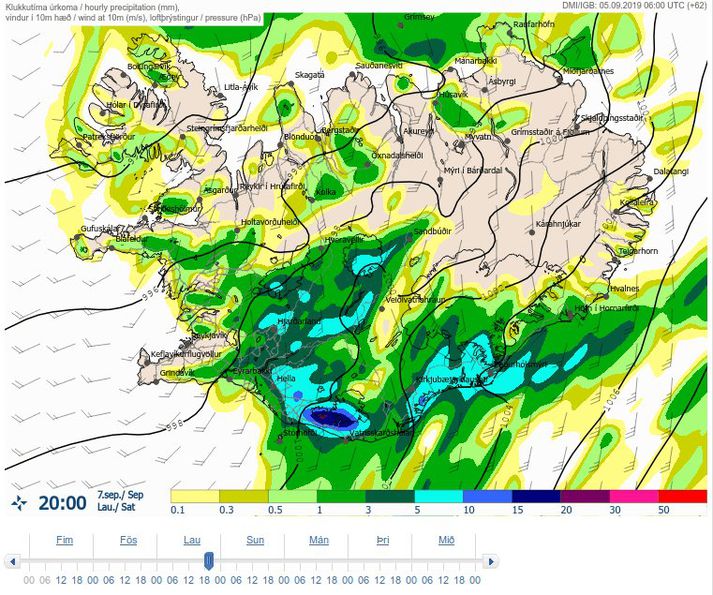 Myndin sem fylgir sýnir úrkomuna milli klukkan 19 og 20 á laugardagskvöld en það mun rigna mikið allan daginn.