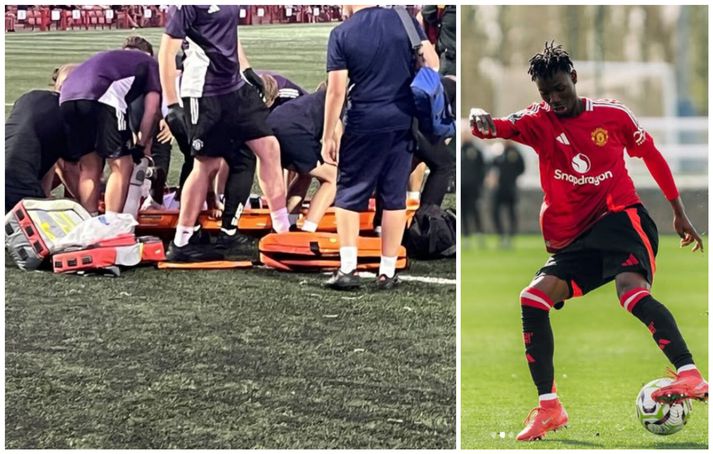 Hugað að Sékou Koné á vellinum í gær og hann í leik með unglingaliði Manchester United.