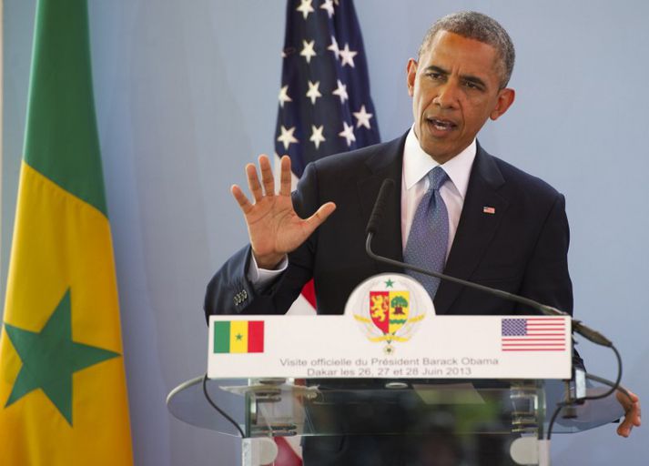 Barack Obama, forseti Bandaríkjanna, á fundi í Senegal í morgun.