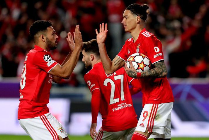 Darwin Nunez og  Goncalo Ramos fagna saman marki Benfica í Meistaradeildinni á móti Liverpool á síðasta tímabili.