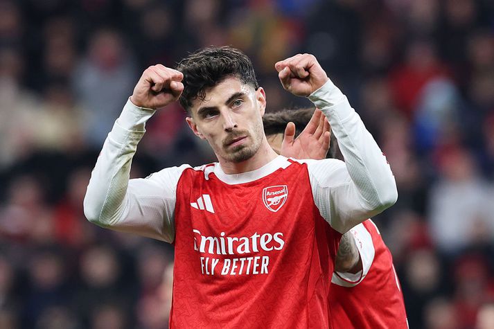 Kai Havertz fagnar eftir markið mikilvæga í kvöld.