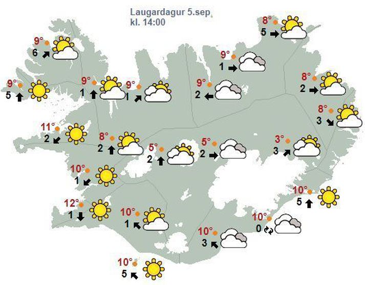 Spákort Veðurstofunnar fyrir klukkan 14, eins og það leit út í klukkan 7.