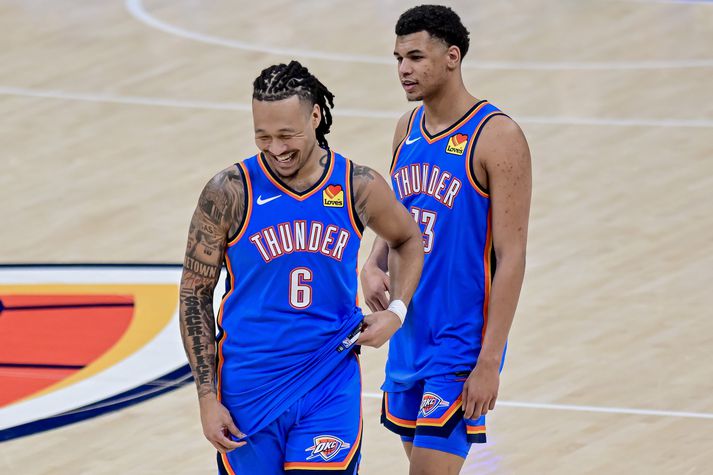 Jaylin Williams varð NBA meistari með Oklahoma City Thunder í júní.