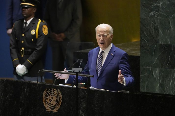 Joe Biden, forseti Bandaríkjanna, í höfuðstöðvum Sameinuðu þjóðanna í dag.