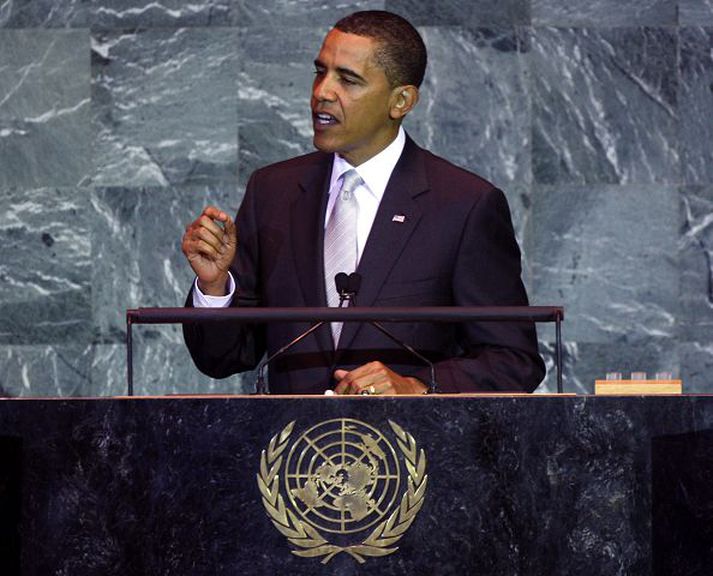 bandaríkjaforseti Barack Obama hefur gefið út að stefna Bandaríkjanna sé að árið 2020 hafi Bandaríkin dregið úr losun gróðurhúsalofttegunda um 17 prósent miðað við árið 2005. Hér er hann á allsherjarþingi Sameinuðu þjóðanna.