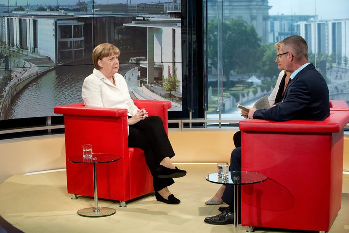 Angela Merkel í viðtalinu í kvöld.