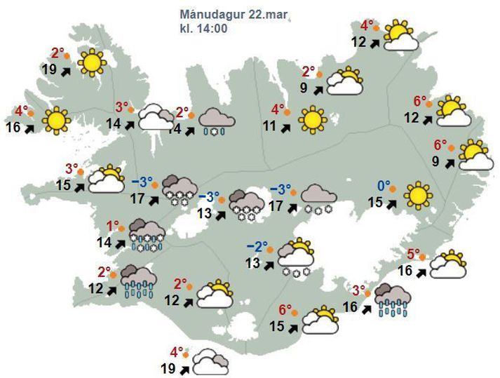 Spákortið fyrir klukkan 14 í dag.