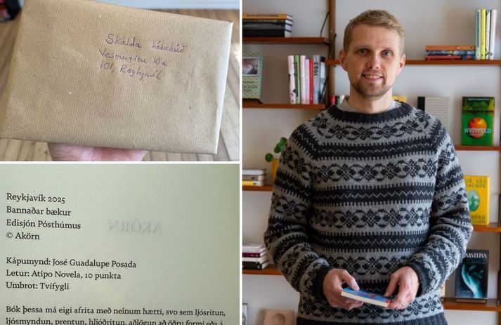 Einar Björn bóksali í Skáldu. Honum barst dularfullur pakki. Þar í var bók en um uppruna hennar og höfund er ekkert vitað.