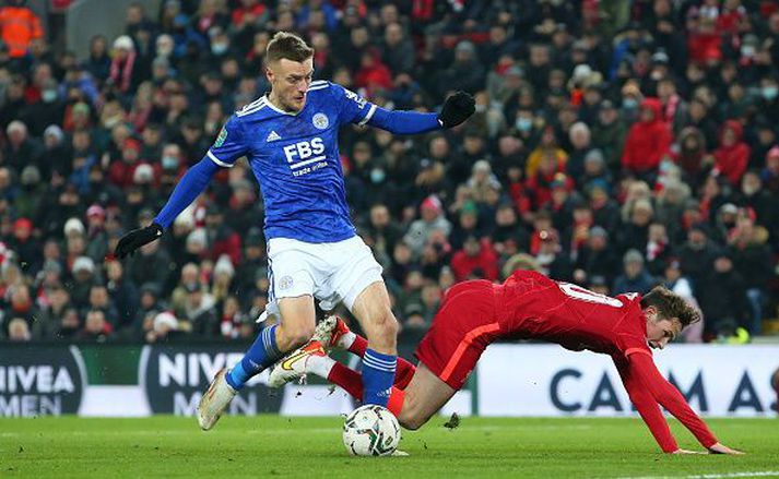 Jamie Vardy meiddist í 1-0 sigri eicester gegn Liverpool síðastliðinn þriðjudag.