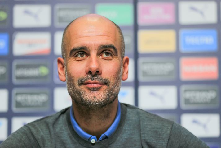 Pep Guardiola á blaðamannafundinum í gær.