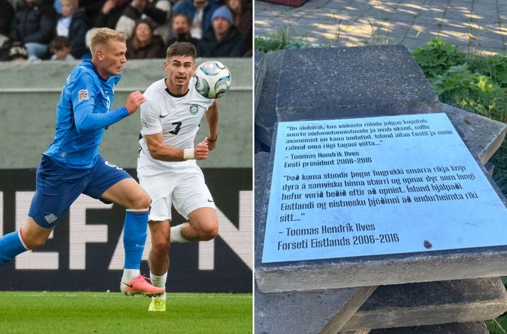 Mynd úr fyrri leik Íslands og Eistlands og svo mynd frá Íslandstorgi í Tallinn