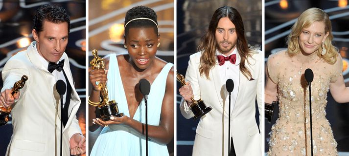 Verðlaunaleikararnir (frá vinstri): Matthew McConaughey, Lupita Nyong'o, Jared Leto og Cate Blanchett.