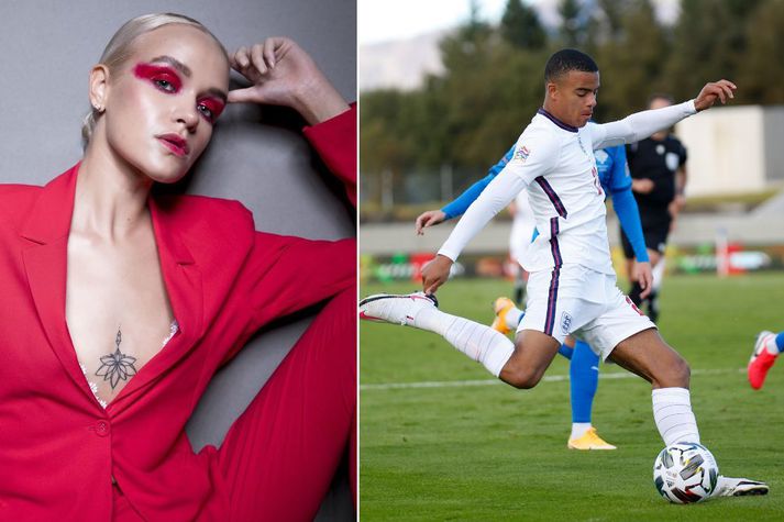 Nadía keppti í Miss Universe Iceland árið 2019, en myndin af henni er einmitt tekin af því tilefni. Myndin til hægri er af Mason Greenwood í leik Englands og Íslands á Laugardalsvelli um helgina.