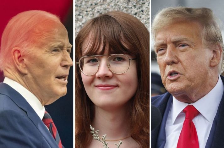 Á myndinni eru frá vinstri forseti Bandaríkjanna, Joe Biden, Reyn Alpha Magnúsar, forseti Trans Ísland og svo fyrrverandi forseti Bandaríkjanna og forsetaframbjóðandi Donald Trump. 