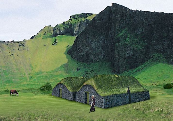 Herjólfsbærinn. Hér má sjá tölvugerða mynd af Herjólfsbænum eins og hann mun líta út. Hugmynd félagsins er að húsið verði öllum opið. Safnvörður í Byggðasafni Vestmannaeyja efast um gildi hússins og óttast um fornminjar sem eru órannsakaðar.