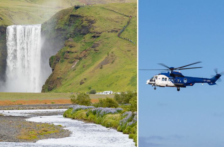 Göngumenn hefja leið sína yfir Fimmvörðuháls að Skógum. Kalla hefur þurft til aðstoðar sjúkraþyrlu vegna bráðra veikinda göngumanns.