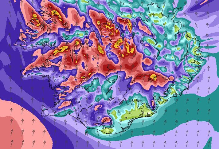 Vindaspá Veðurstofu fyrir klukkan ellefu í kvöld. Von er á ofsaveðri norðvestantil á landinu.