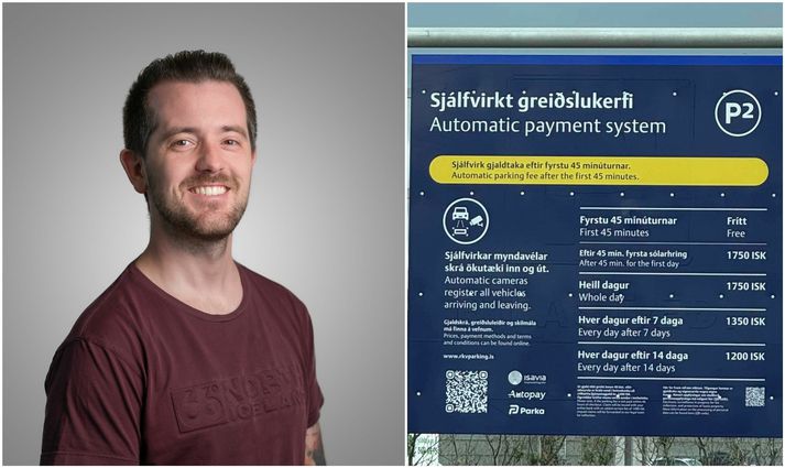 Ásgeir Helgi og skiltið sem kveður á um gjaldtökuna. Ásgeir segir fráleitt að hann hafi verið þarna í sem nemur 45 mínútum.