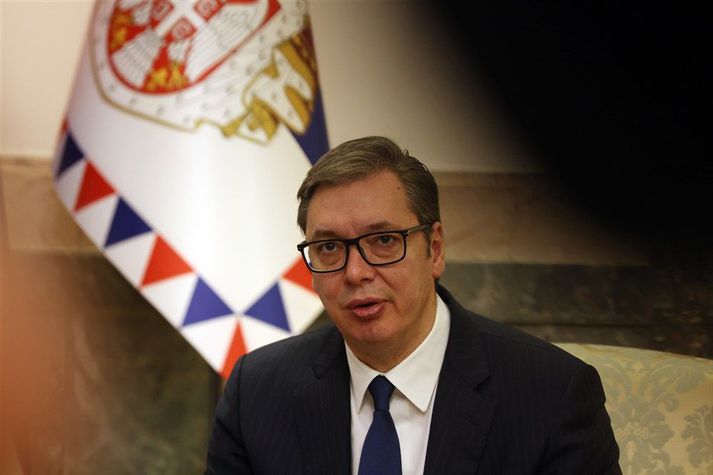 Aleksandar Vucic, var ómyrkur í máli varðandi auglýsingar Wagner hópsins.