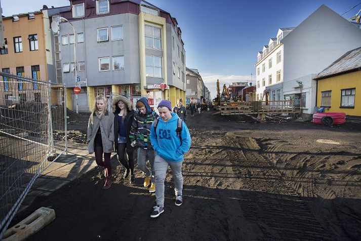 Framkvæmdum frá Klapparstíg að Vitastíg, sem hér sjást á myndinni, er nú lokið að mestu leyti.
Vísir/Daníel