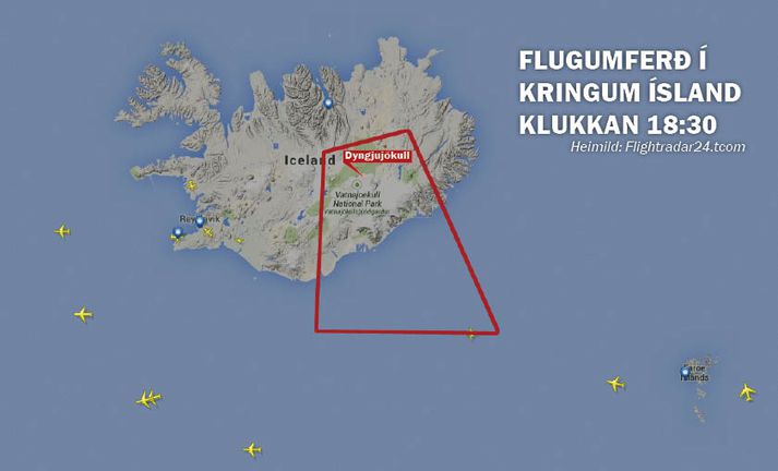 Hér má sjá flugumferðina klukkan 18:30 í dag og bannsvæðið.